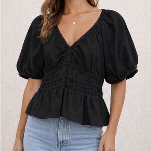 Old Navy Black V-Neck Smocked Peplum Puff Sleeve Blouse